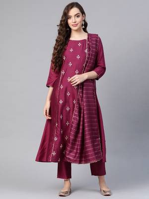 Indo Era Wine Printed Kurta Palazzo With Hand made Dupatta Set 1
