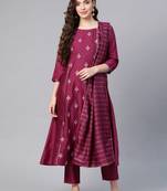 Indo Era Wine Printed Kurta Palazzo With Hand made Dupatta Set