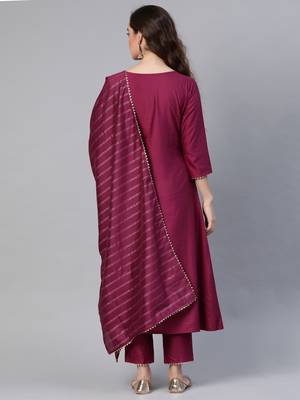 Indo Era Wine Printed Kurta Palazzo With Hand made Dupatta Set 2
