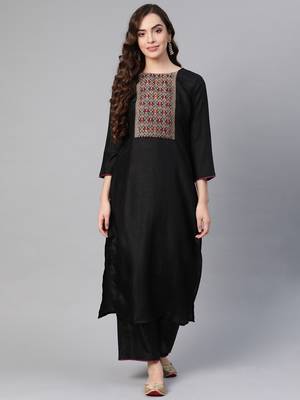 Indo Era Black Solid Kurta Yoke With Palazzo Set 1