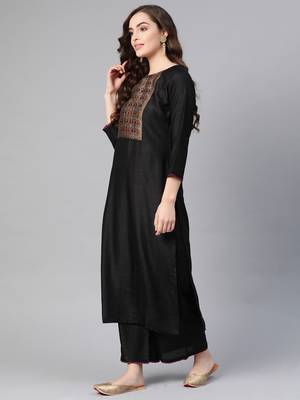 Indo Era Black Solid Kurta Yoke With Palazzo Set 3