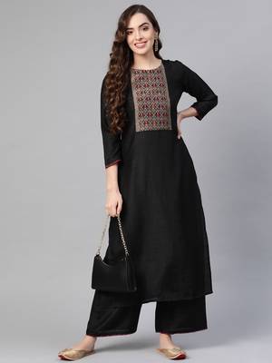 Indo Era Black Solid Kurta Yoke With Palazzo Set 4