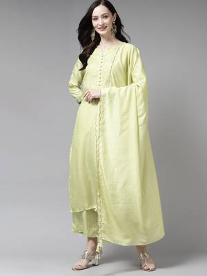 Indo Era Green Solid Straight Kurta Palazzo With Dupatta Set 1
