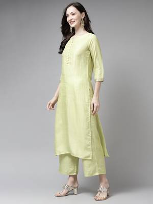 Indo Era Green Solid Straight Kurta Palazzo With Dupatta Set 3