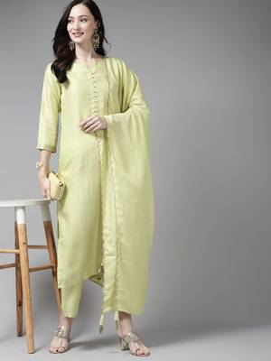 Indo Era Green Solid Straight Kurta Palazzo With Dupatta Set 4