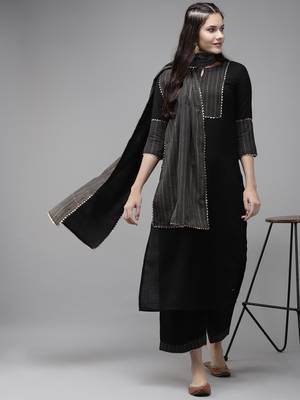 Indo Era Black  Solid Straight Kurta Trouser With Dupatta Sets 1