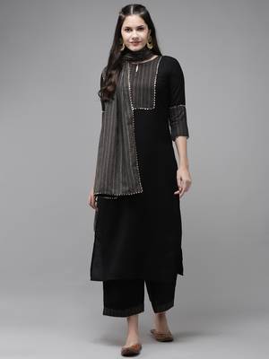 Indo Era Black  Solid Straight Kurta Trouser With Dupatta Sets 4