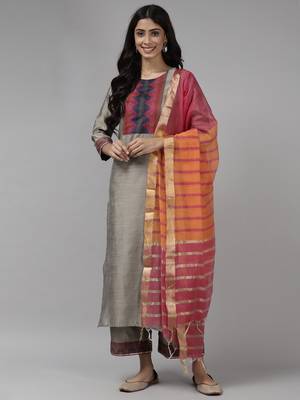 Indo Era Grey Solid  Straight Kurta Palazzo With Dupatta Set 1