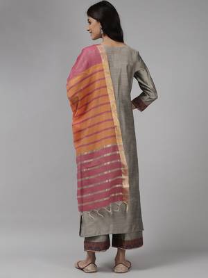Indo Era Grey Solid  Straight Kurta Palazzo With Dupatta Set 2
