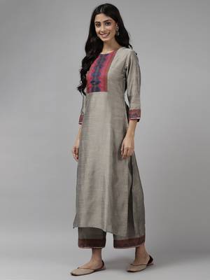 Indo Era Grey Solid  Straight Kurta Palazzo With Dupatta Set 3