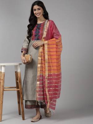 Indo Era Grey Solid  Straight Kurta Palazzo With Dupatta Set 4