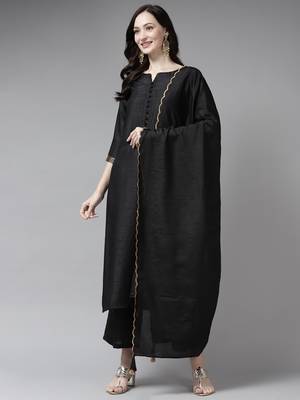 Indo Era Black Solid Straight Kurta Palazzo With Embroidred Dupatta Set 1