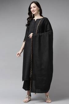 Indo Era Black Solid Straight Kurta Palazzo With Embroidred Dupatta Set