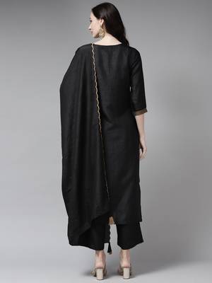 Indo Era Black Solid Straight Kurta Palazzo With Embroidred Dupatta Set 2