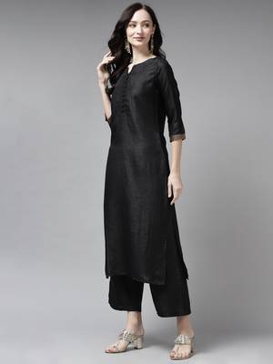 Indo Era Black Solid Straight Kurta Palazzo With Embroidred Dupatta Set 3