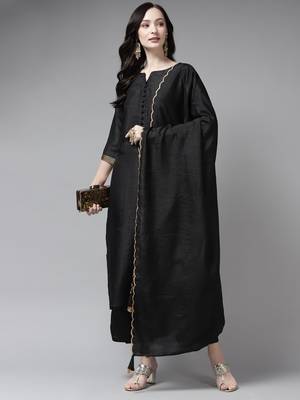 Indo Era Black Solid Straight Kurta Palazzo With Embroidred Dupatta Set 4