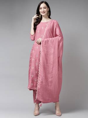 Indo Era Pink Embroidred A - Line Kurta Trouser With Dupatta Set 1