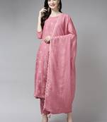Indo Era Pink Embroidred A - Line Kurta Trouser With Dupatta Set
