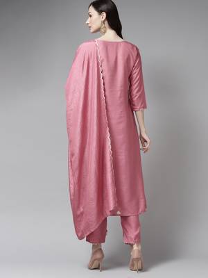 Indo Era Pink Embroidred A - Line Kurta Trouser With Dupatta Set 2