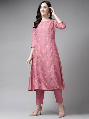 Indo Era Pink Embroidred A - Line Kurta Trouser With Dupatta Set 3