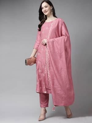Indo Era Pink Embroidred A - Line Kurta Trouser With Dupatta Set 4