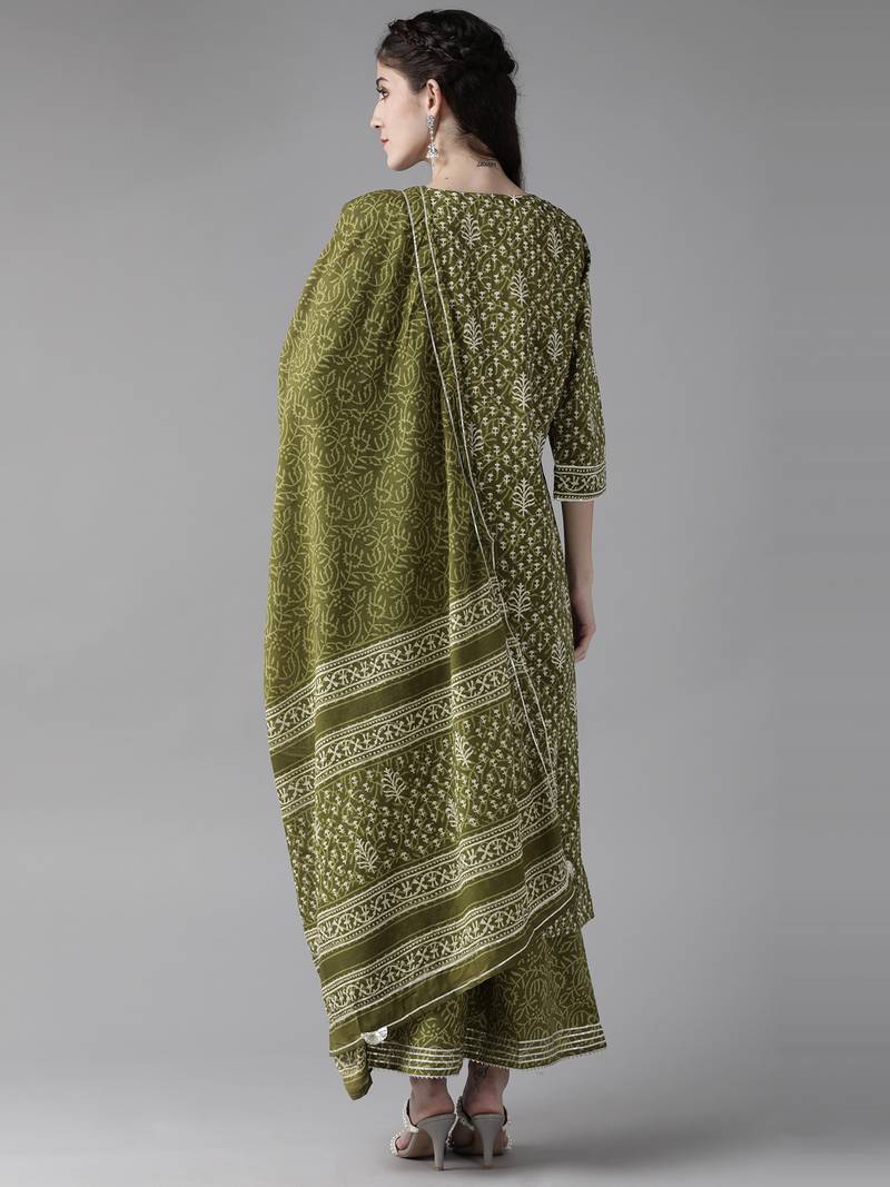 Indo Era Olive Embroidered Straight Kurta Palazzo With Dupatta Set