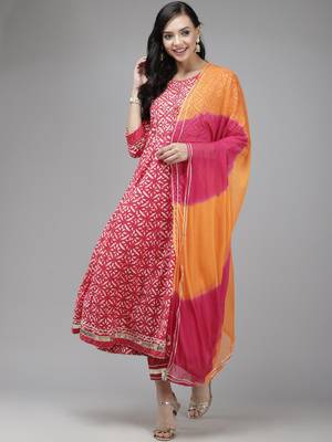 Indo Era Pink Printed A - Line Kurta Trouser With Dupatta Set 1