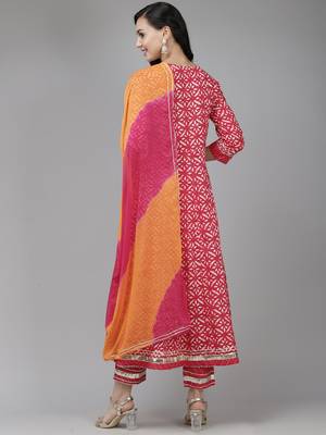 Indo Era Pink Printed A - Line Kurta Trouser With Dupatta Set 2