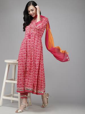 Indo Era Pink Printed A - Line Kurta Trouser With Dupatta Set 4