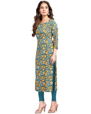 Teal printed cotton ethnic-kurtis 4