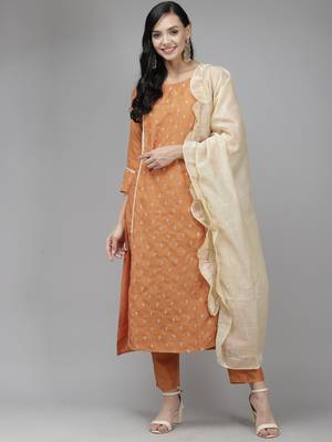 Indo Era Mustard Embroidred A - Line Kurta Trouser With Dupatta Set 1