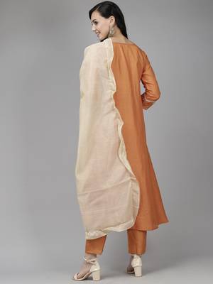 Indo Era Mustard Embroidred A - Line Kurta Trouser With Dupatta Set 2