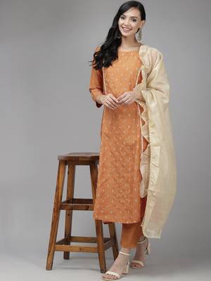 Indo Era Mustard Embroidred A - Line Kurta Trouser With Dupatta Set 4