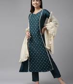 Indo Era Teal Embroidred A - Line Kurta Traouser With Dupatta Set
