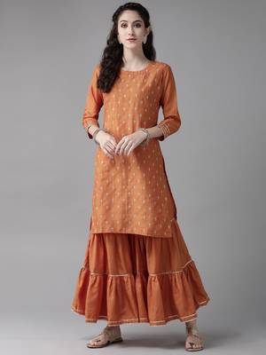 Indo Era Mustard Embroidred Straight Kurta Sharara Set 1