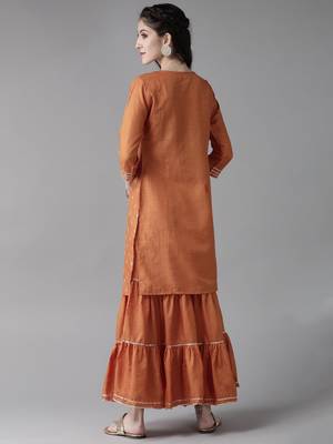Indo Era Mustard Embroidred Straight Kurta Sharara Set 2