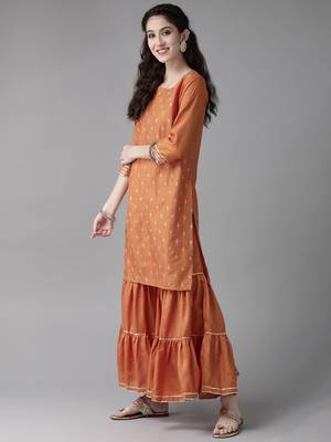 Indo Era Mustard Embroidred Straight Kurta Sharara Set 3