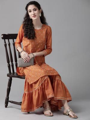 Indo Era Mustard Embroidred Straight Kurta Sharara Set 4
