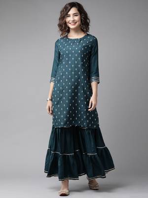 Indo Era Teal Embroidred Straight Kurta Sharara Set 1