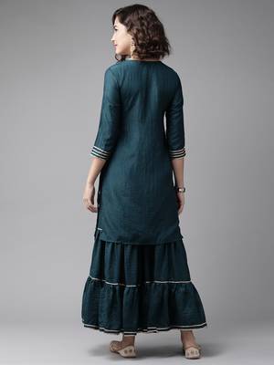 Indo Era Teal Embroidred Straight Kurta Sharara Set 2