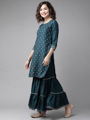 Indo Era Teal Embroidred Straight Kurta Sharara Set 3