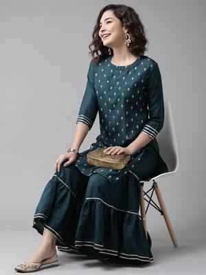 Indo Era Teal Embroidred Straight Kurta Sharara Set 4