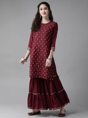 Indo Era Wine Embroidred Straight Kurta Sharara Set 1