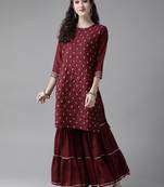 Indo Era Wine Embroidred Straight Kurta Sharara Set