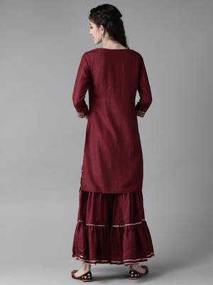 Indo Era Wine Embroidred Straight Kurta Sharara Set 2
