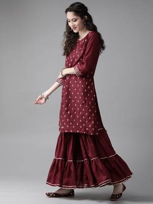 Indo Era Wine Embroidred Straight Kurta Sharara Set 3