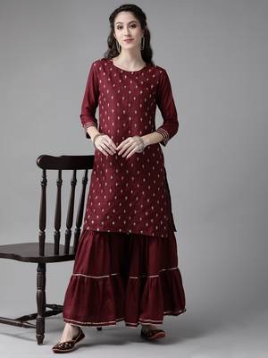 Indo Era Wine Embroidred Straight Kurta Sharara Set 4
