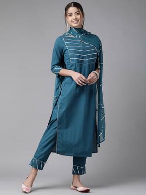 Indo Era Teal Solid Straight Kurta Trouser With Dupatta Set 1