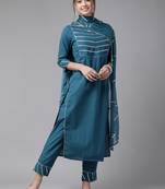 Indo Era Teal Solid Straight Kurta Trouser With Dupatta Set
