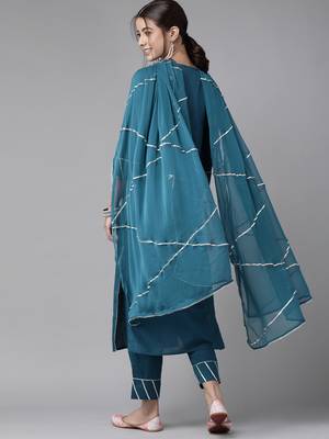 Indo Era Teal Solid Straight Kurta Trouser With Dupatta Set 2
